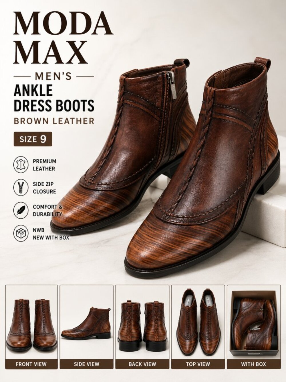 NWB Moda Max Brown Leather Ankle Dress Boots Men's Size 9 Chelsea Boots